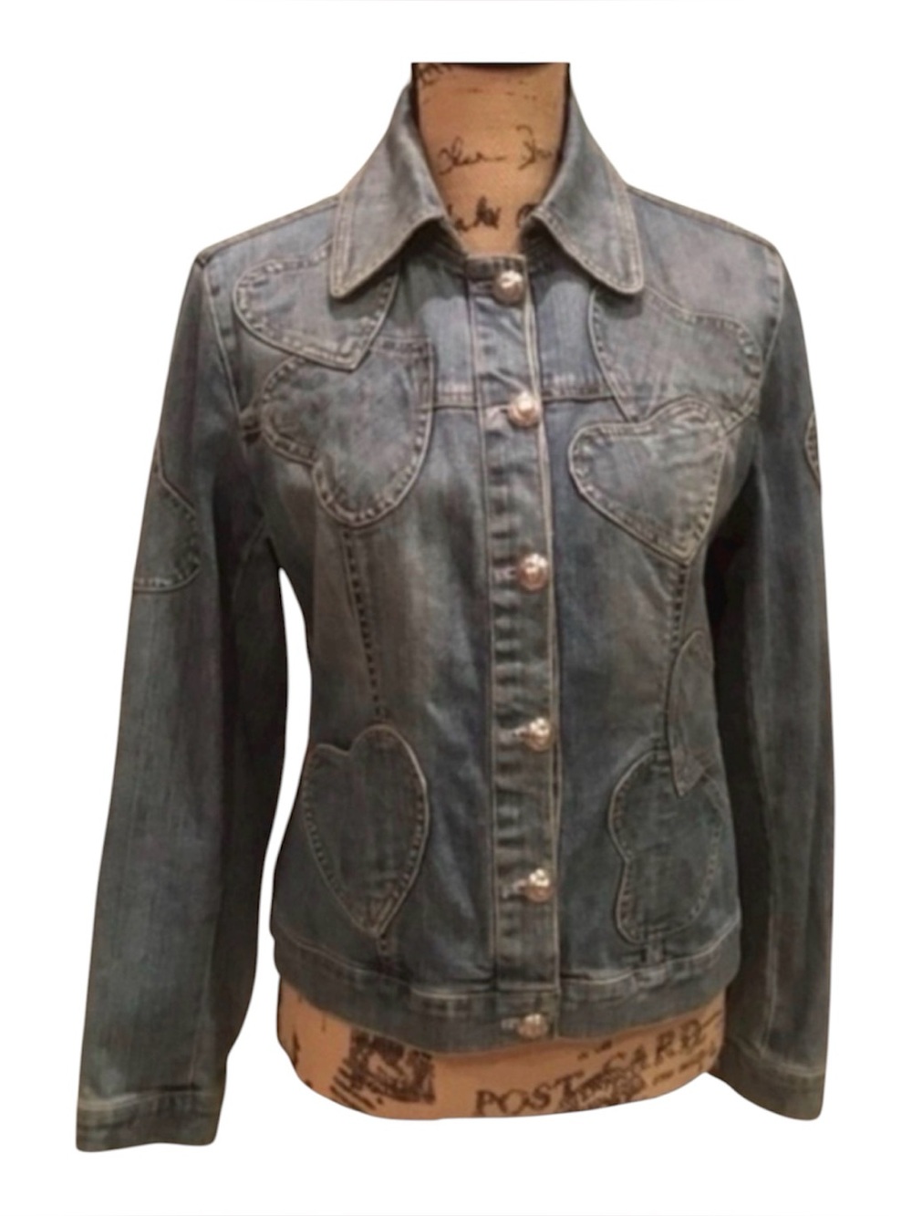 BRIGHTON JEAN/ WITH APPLIQUE HEART PATTERNED DENIM JACKET MEDIUM (8-10)